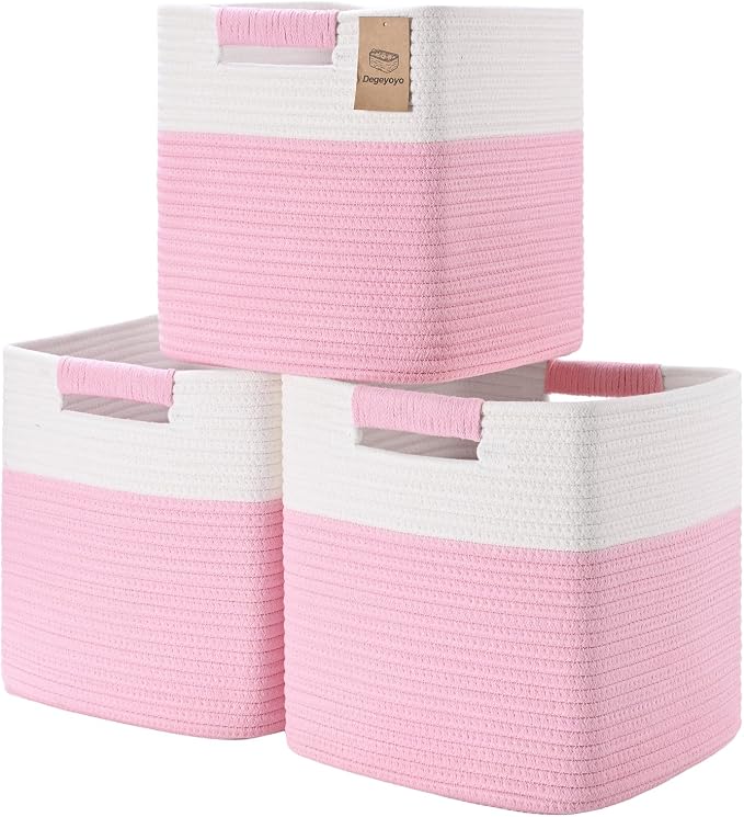 11 Inch Storage Cubes, 3 Pack Cube Storage Bins for Organizing, Cotton Rope Woven Baskets for Shelves, Bathroom, Kids Room, Closets, Baby Nursery by Degeyoyo