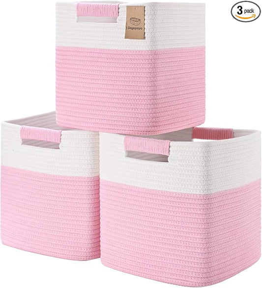 13 Inch Storage Cubes, 3 Pack Cube Storage Bins for Organizing, Cotton Rope Woven Baskets for Shelves, Bathroom, Kids Room, Closets, Baby Nursery by Degeyoyo