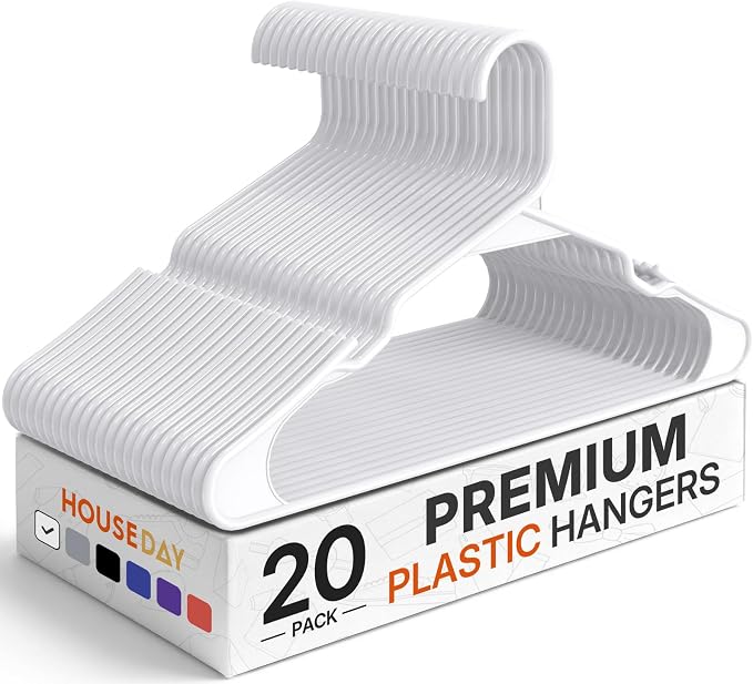 HOUSE DAY White Plastic Hangers 20 Pack – Slim Space Saving Clothes Hangers | Durable Hangers for Shirts, Coats and Pants, Non-Slip Notches Hold Straps, Great for Closet Organization, Dorms & Apartments by HOUSEDAY