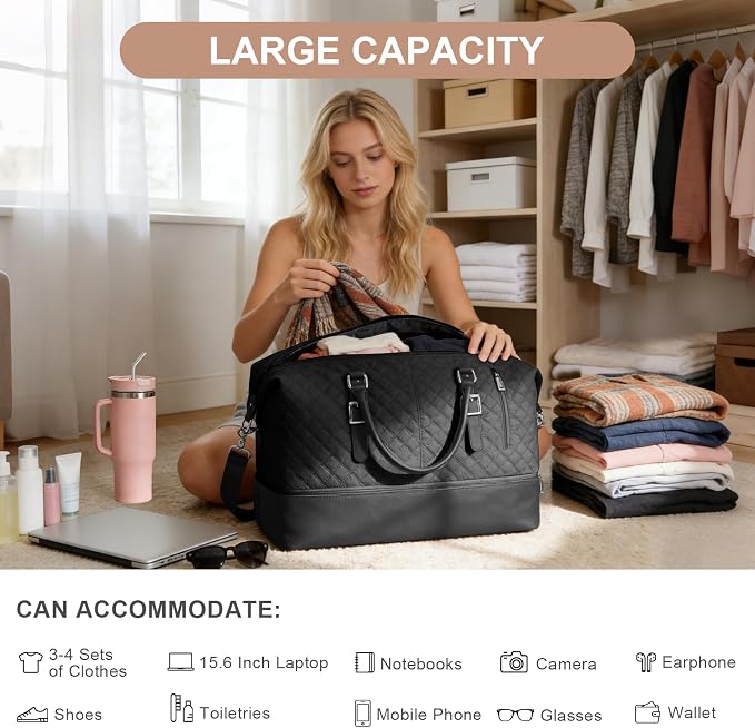 Travel Duffel Weekender Bag Women Tote Carry On Bags With Shoe Compartment | Travel Overnight Bags with Trolley Sleeve for Airplanes Sport Tote Gym for Men Waterproof Lightweight Daypack Black - Image 6