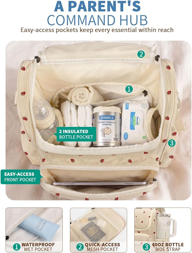 Large Corduroy Diaper Bag Backpack for Mom, 25L Baby Travel Bag with Insulated Bottle Pockets, 40oz Side Strap & Stroller-Ready Straps - Image 3