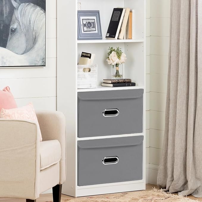 Linen Fabric Foldable Collapsible Storage Cube Bin Organizer Basket with Lid, Leather Handles, Removable Divider for Home, Closet (Grey, 3Pcs) - Image 4