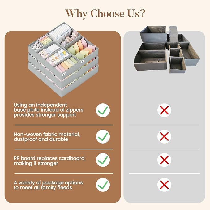 Drawer Organizer Clothes 21 Pack Washable Fabric Closet Storage Bins Flat Bottom Board Dresser Dividers for Bedroom Wardrobe Nursery Clothes Socks Underwear Bins, Grey - Image 6