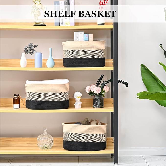 Cotton Rope Storage Baskets for Organizing 1Pack 15"x10"x9" Woven Baskets for Storage,Shelf Baskets Cube Storage Bins Towel Baskets for Bathroom,Toys Baskets Nursery Basket Laundry Baskets(Black/Brown) - Image 3