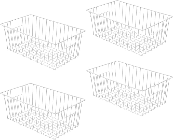 Freezer Basket Organizer, Refrigerator Metal Wire Storage Divider, Household Container Bins with Handles for Kitchen, Pantry, Cabinet, Closets - Pearl White (4, 16in x 9in x 7in) by lonpute