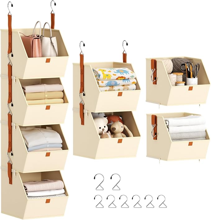 Hanging Closet Organizer 4 Tier - Clothes Hanging Shelves, Space-Saving Closet System, Fabric Storage Bins Bedroom Organization, Collapsible Baskets for Home, Dorm, Rv, Beige by Homsorout