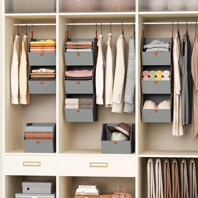 Collapsible Hanging Closet Organizer - 3 Tier Closet Shelves Storage System with Hooks, Fabric Hanging Storage Bins for Clothes, Foldable Storage Basket for Laundry, Bedroom, Rv, Grey - Image 5