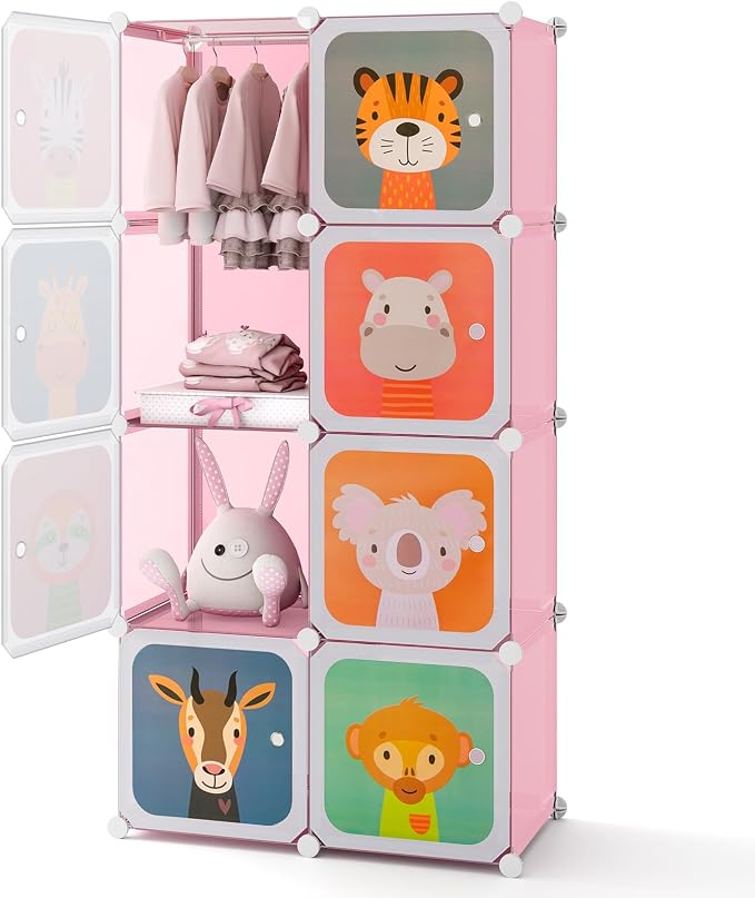 HONEY JOY Kids Wardrobe Closet, Baby Cartoon Clothes Storage Organizer, 8 Cubes & 2 Hanging Sections, Portable Children DIY Modular Bedroom Armoire Dresser Cabinet for Boys Girls (Pink, 8-Cube) by HONEYJOY