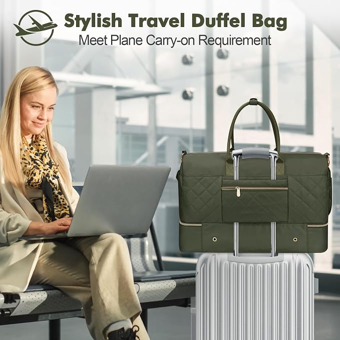 Travel Duffel Bag, Large Weekender Bag for Women with Shoe Compartment, Carry on Overnight with Toiletry Makeup Bag for Travel Gym Camping Hospital, Green - Image 5