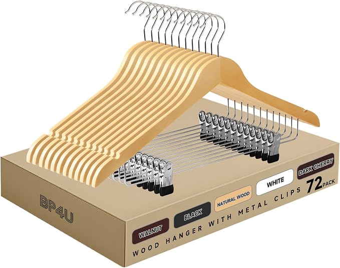 Wooden Hangers with Adjustable Metal Clips, 72-Pack, Natural | Solid Wood Hangers with 360° Rotatable Hook for Skirt, Dress, Coats, Jacket and Pants, Space-Saving and Non-Slip Design by BP4U%E2%84%A2