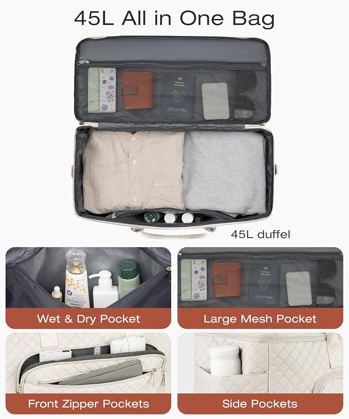 Travel Duffle Bag, Wide Open Large Weekender Bag for Women with Shoe Compartment, Carry on Overnight Bags with Toiletry Bag, Hospital Bag for Women Labor Delivery with Wet Pocket (Cream) - Image 2