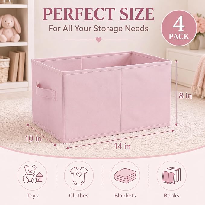 Yinder 4 Pcs Cube Storage Bin, Light Pink 14''x10''x8'' Storage Cubes | Kids Classroom Playroom Decor, Pink Bins, Foldable Baskets for Nursery Organizer Boxes Fabric Boxes - Image 2