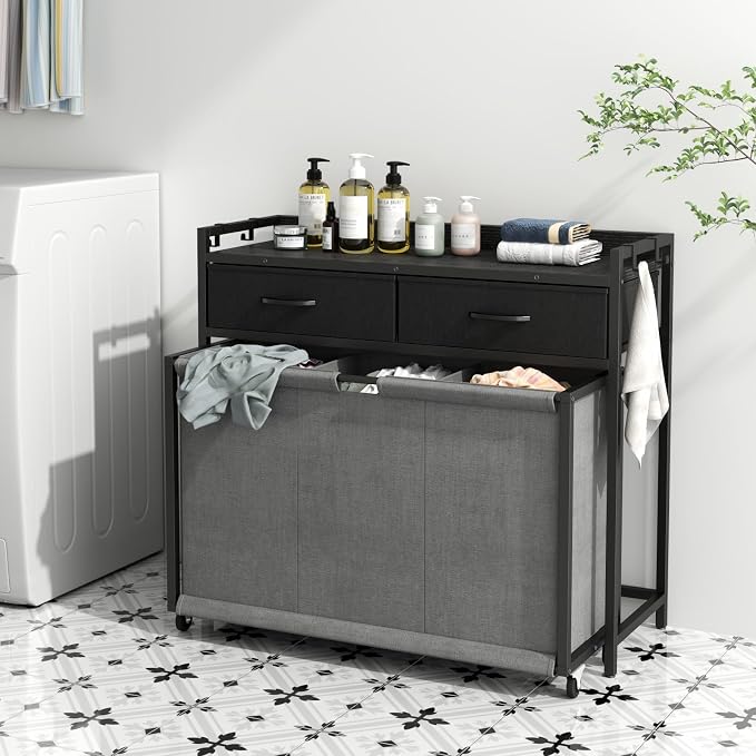 STIKELY Laundry Hamper Laundry Basket with 3 Section Pull-Out Rolling Bags, Laundry Sorter for Organization and Storage with 2 Pull-Out Drawers for Laundry Room, Bathroom, Bedroom Use (Black) - Image 3