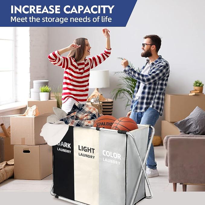 Laundry Cloth Hamper Sorter Basket Bin Foldable 3 Sections with stainless steel Frame Washing Storage Dirty Clothes Bag for Bathroom Bedroom Home Storage Basket(3 Liner, White+grey+black) - Image 3