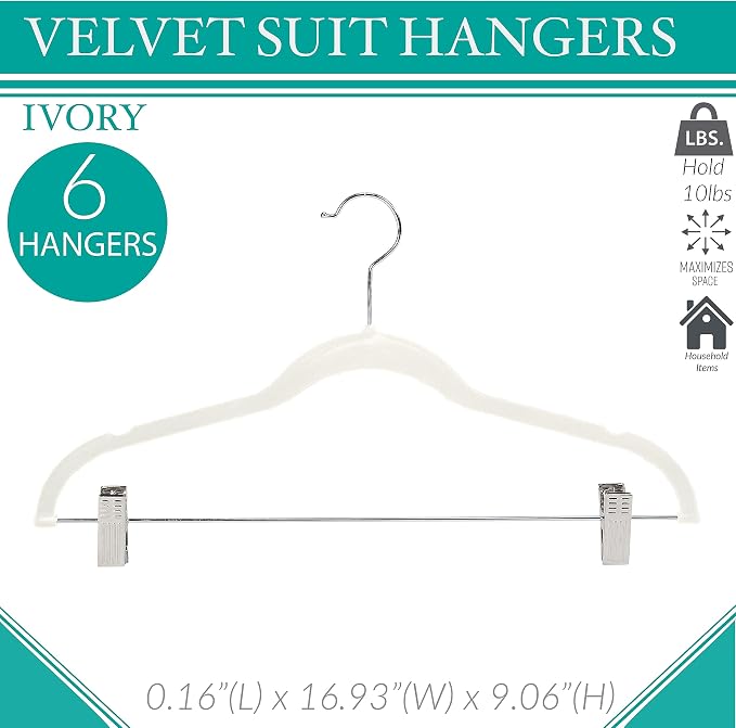 Simplify 60 Pack Velvet Hangers with Clips | Skirt and Pants | Slim Space Saving | Closet Organization | Non-Slip | Prevent Creases | Swivel Neck | Durable | Ivory - Image 2
