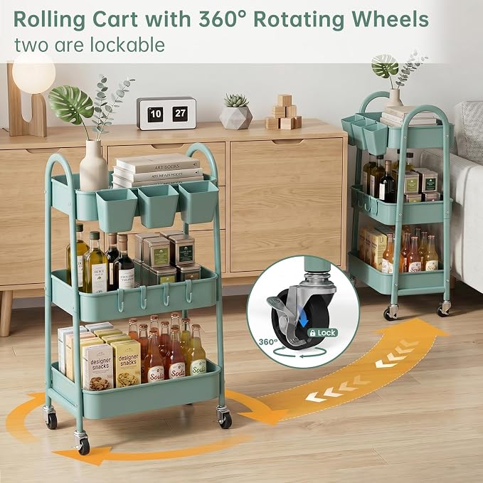 danpinera 3-Tier Rolling Cart, Utility Cart Mobile Metal Rolling Storage Cart with Lockable Wheels & Hanging Cups & Hooks for Kitchen, Bathroom, Office, Workshop, Green - Image 4