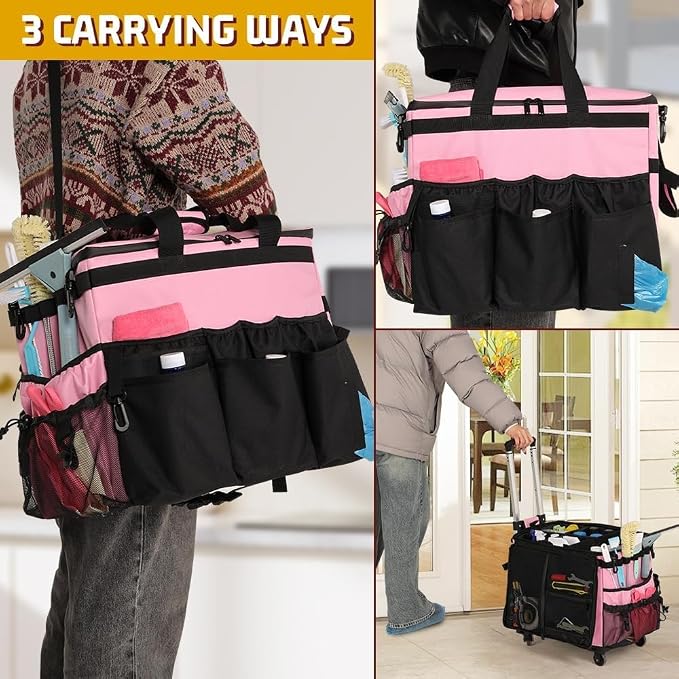 Large Rolling Cleaning Caddy with Cleaning Caddy Apron, Pink | Cleaning Caddy Bag with Detachable Trolley, Handles and Shoulder Strap, Cleaning Supplies Organizer for Cleaners Housekeepers - Image 6