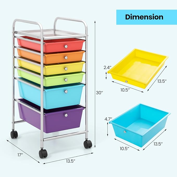 Giantex 6 Storage Drawer Cart Rolling Organizer Cart for Tools Scrapbook Paper Home Office School Multipurpose Mobile Utility Cart (Tomato, Orange, Light Green, Turquoise, Purple) - Image 3