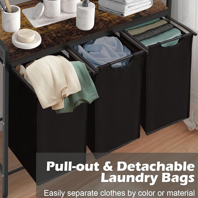 Large Laundry Hamper Sorter with 3 Removable & Pull-Out Sorting Bags, Wooden Top Shelf, Versatile Laundry Basket Organizer for Laundry Room, Bathroom, Dorm, 8 * 3 Gal, Black - Image 2