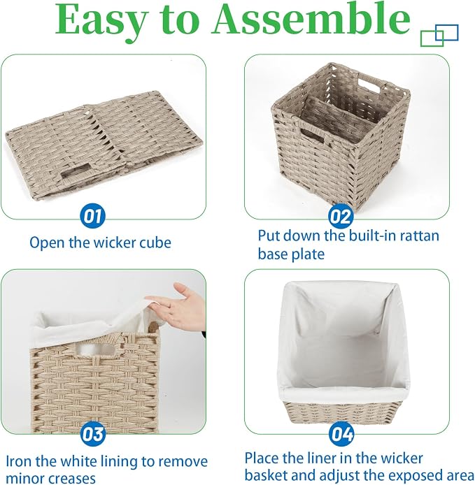Bidtakay Wicker Baskets for Shelves Waterproof Imitation Wicker Cube Storage Bins with Liners for Organizing Closet Cabinet 2-Pack 11x11 inch Storage Cube Organizer for Pantry-Greyish Beige - Image 7