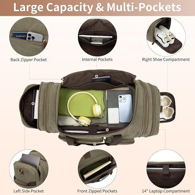 Mens Duffle Bag for Travel 60L Expandable Canvas Weekender Overnight Travel Duffel Bag with Shoe Compartment Carry-On for Airplanes Army Green - Image 3