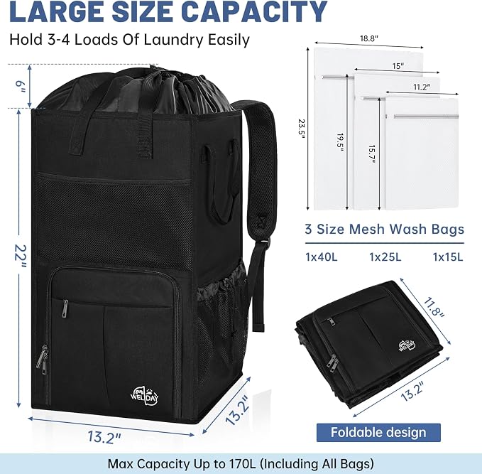 Large Laundry Backpack Bag with 3 Sizes Mesh Wash Bags Total 170L | 2 in 1 Laundry Hamper Basket with Shoulder Straps, Freestanding Laundry Bag for College Dorm, Laundromat, Apartment - Image 2
