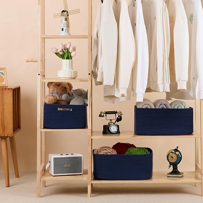 MiniArk Large Storage Baskets for Shelves, 17 x 13 x 7.5” Closet Organizers Bins for Clothes Blanket Towels, Baby Nursery, Toy Baskets Box, Woven Rope Baskets, 2 Packs Navy Blue - Image 3
