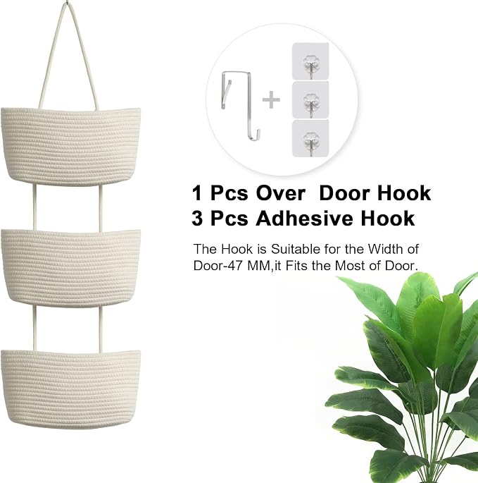 TeoKJ Over the Door Hanging Basket, 3-Tier Woven Cotton Wall-Mounted Storage Organizer Bag Decorative Hanging Nursery Baskets, White - Image 6