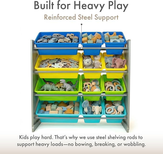 Humble Crew Kids Toy Organizer with 12 Bins, 4 Tier Storage for Playroom | Sturdy wood and steel toddler shelf, removable BPA-free containers, wall anchor anti-tip safety kit for bedroom or classroom - Image 4