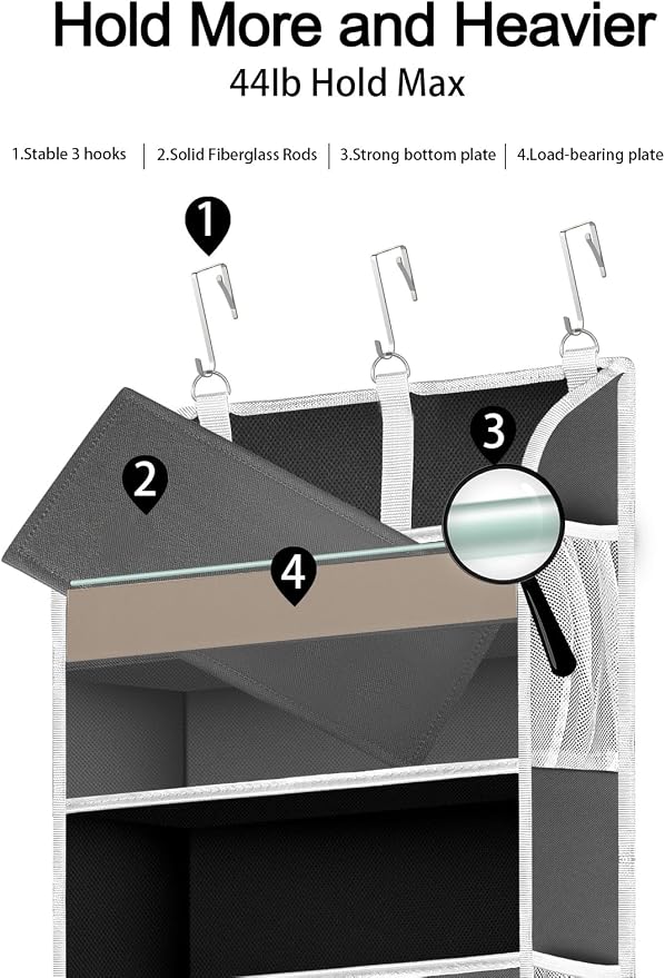 TAHAVICE Over the Door Organizer Storage, 5 Large & 10 Mesh Pockets | Hanging Organizer Closet College Dorm Essentials for Girls, Storage for Dorm Organization, Nursery & Bedroom (Dark Grey) - Image 4