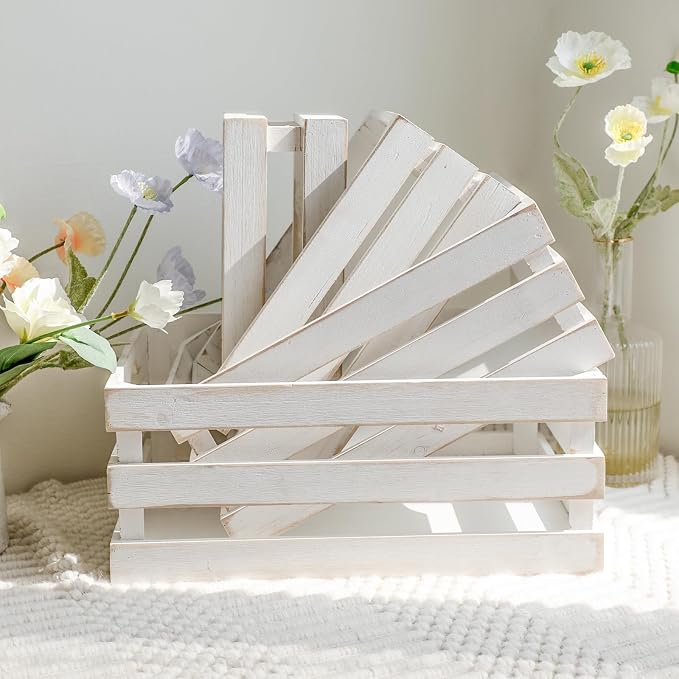 Large Wooden Crates Set of 4 Decorative Storage Box with Handles, Rustic Whitewashed Farmhouse Wooden Crates for Display, Living Room Container Baskets Box for Kitchen, Pantry, Bedroom - Image 6