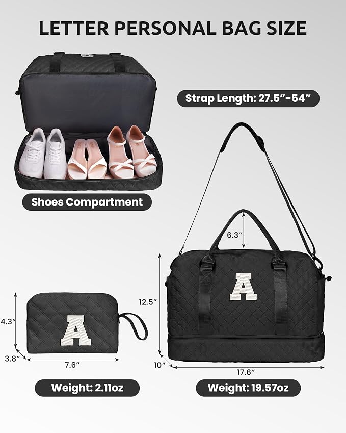 Gifts for Friends-Initial Duffle Bags with Shoe Compartment | Personalized Weekender Bags, Monogram Overnight Bag, Travel Bag with Makeup bag，Birthday Gifts Bag for Daughter (Letter I) - Image 2
