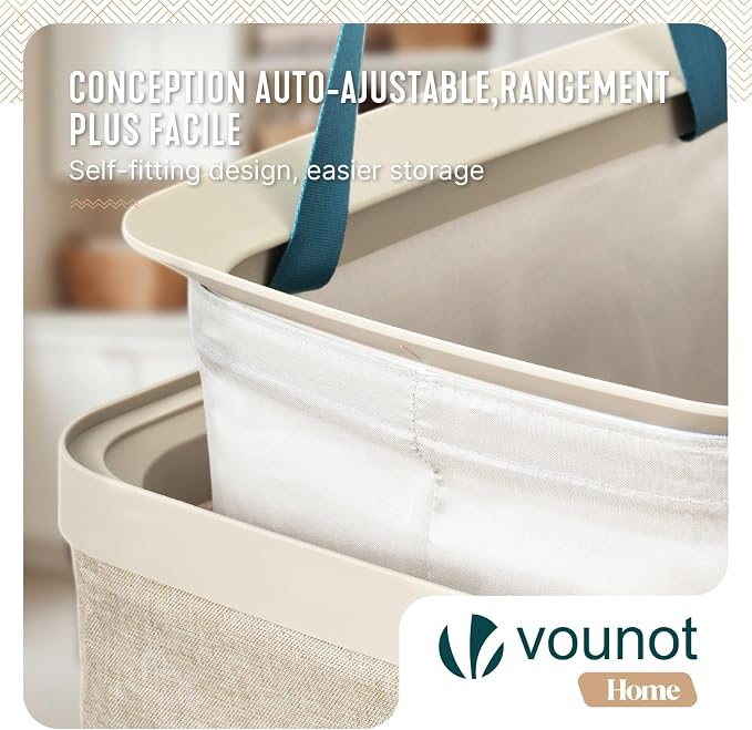 VOUNOT® 170L Laundry Basket with Lid, Rectangular 3 Compartment Laundry Hamper with Removable Bags & Handles, Foldable Laundry Bin for Bedroom, Bathroom, Utility Room, Beige - Image 4