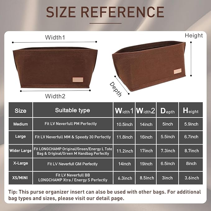 Purse Organizer Insert for Handbags & Base Shaper 2pc Set, Felt Neverfull PM Organizer Insert, Tote Bag Organizer with Zipper Pocket and Bottle Holder, Fit Neverfull PM and More, Brown-M - Image 2