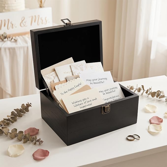 Wooden Keepsake Storage Box with Hinged Lid for Wedding Treasure Decorative | 8x6x4.4 Inches can Hold 5x7 Photos Baby Keepsakes, Stash Case with Black Velvet Base, Small Memory Case Black - Image 2