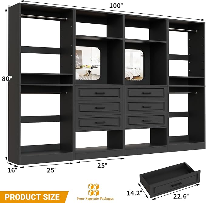 Unikito 100" Wood Closet System with Drawers and Mirror, Black | Large walk in wardrobe organizer with hanging rods and adjustable shelves, sturdy freestanding garment rack tower. - Image 7