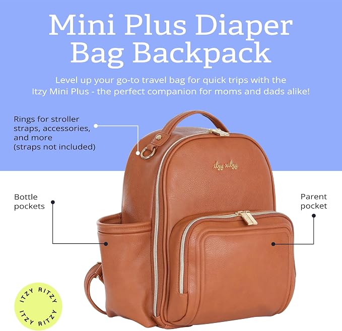 Itzy Ritzy Mini Diaper Bag Backpack - 10 Pockets w/Changing Pad (Cognac) | Chic Mini Plus Diaper Bag with 2 Insulated Bottle Pockets, Key Lanyard, Wipeable Changing Pad, Grab-Top Handle & Rubber Feet - Image 2