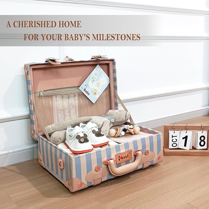 Unitravel Baby Keepsake Case, 16" Handmade Memory Storage Box, Newborn Keepsake Box, Vintage Suitcase for Baby Shower, Baptism, Naming Ceremony or Birthday (blue strip) - Image 4