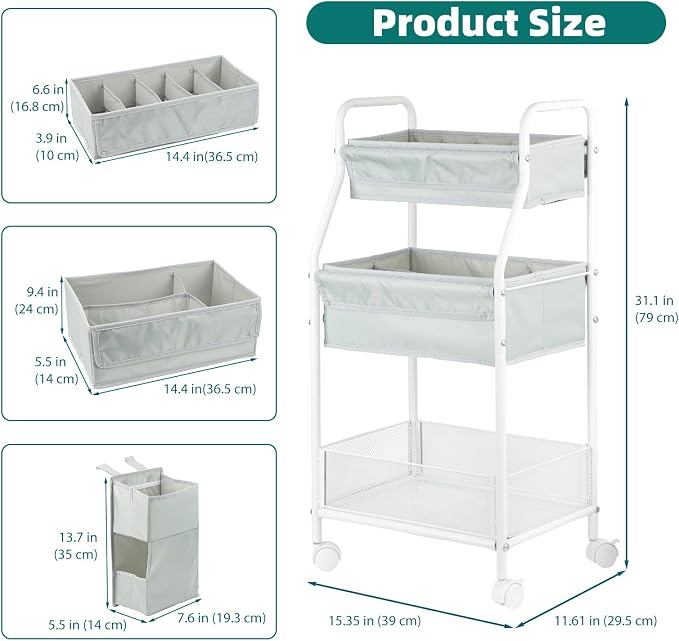 Rolling Utility Cart with Side Storage, 3-Tier Diaper Cart & Baby Caddy Organizer for Nursery Essentials, Bedside/Postpartum Nursing Cart, Craft & Art Storage Organizer, Rolling Book Cart - Image 4