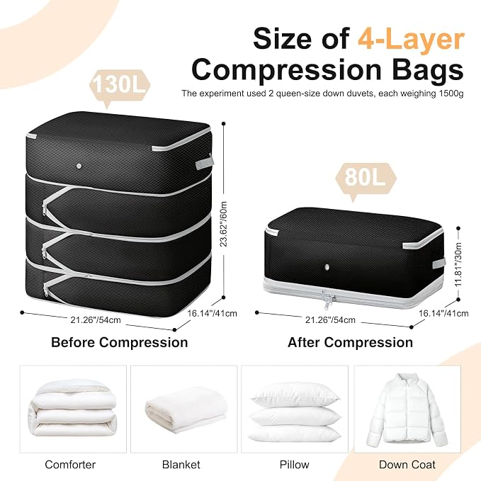 Comforter Storage Bag - 130L Large Capacity Blanket Storage Bags 4-Layer Ultra Space Saving Self Compression Organizer, Washable Compression Bags for Storage Comforter Blanket, 2-Pack, Black - Image 2