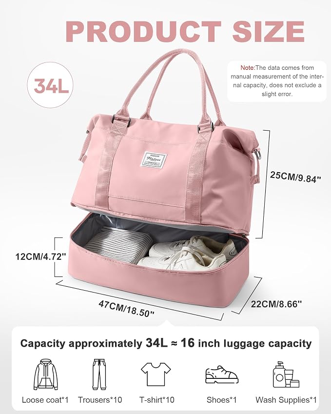 Travel Duffel Weekender Bag Women Tote Carry On Bags With Shoe Compartment | 18x14x8 inches Travel Overnight Bags with Trolley Sleeve for Airplanes Sport Tote Gym for Men Lightweight Daypack Pink - Image 4