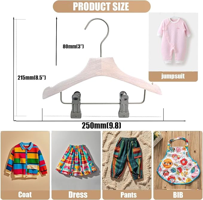 White 9.8" Ultra-Thin Wooden Children Closet Clothes Clips Hangers 12PCS Wood Baby Kids Coat Hangers for Infant Toddler Newborn Jumpsuit Pants Skirts Jeans Space Saving Heavy Duty Durable - Image 6