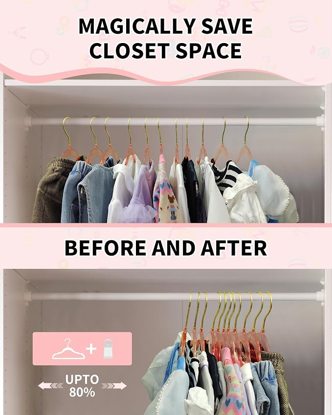 50pcs Slim Clear Toddler Hangers with 10 Connector Hooks for Kid's Closet | Swivel Golden Sparkling Baby Clothes Hangers with Gold Glitter for Infant Coat Outfit, Pink Perchas for Children Gril Nursery - Image 4