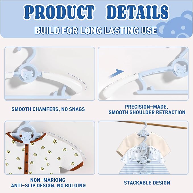 Baby Clothes Hangers 20 Pack, Plastic Kids Hangers Space Saving for Closet | Blue Hanger for Toddler Girl and Boy - Lightweight Anti-Slip Cascading Padded Extendable Adjustable Pant Bear Children Hangar - Image 4
