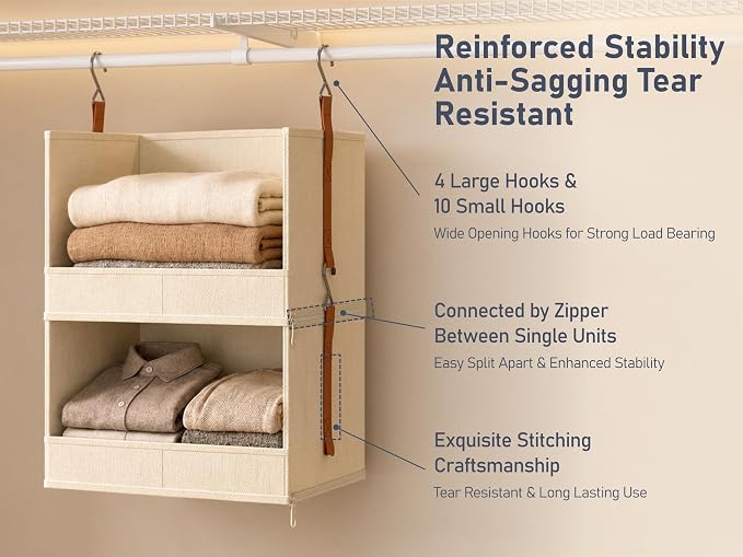 DIMJ Hanging Closet Organizer - 5-Tier Modular Hanging Shelves with Zippers Hooks, Collapsible Baskets for RV, Dorm, Small Spaces, Fabric Storage Bins for Clothes, Handbags - Image 6
