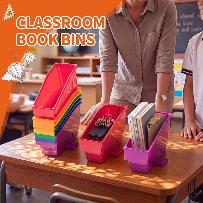 Geetery 12 Pack Non-Tip Book Bins with Stabilizer Wings Multicolor Plastic Storage Organizers Color Code Organization for Home Office Desktop Library Shelves Document Magazine File Holder (Rainbow) - Image 4