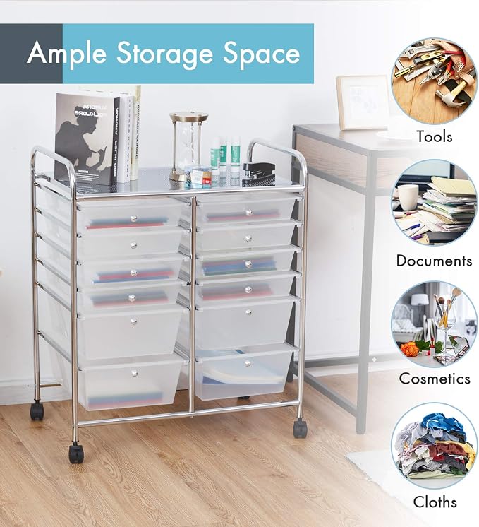 12 Drawer Rolling Storage Cart, Craft Cart Organizer on Wheels w/Metal Frame, Large Capacity & Smooth Drawer, Rolling Cart w/Drawers for Classroom, Office - Image 4
