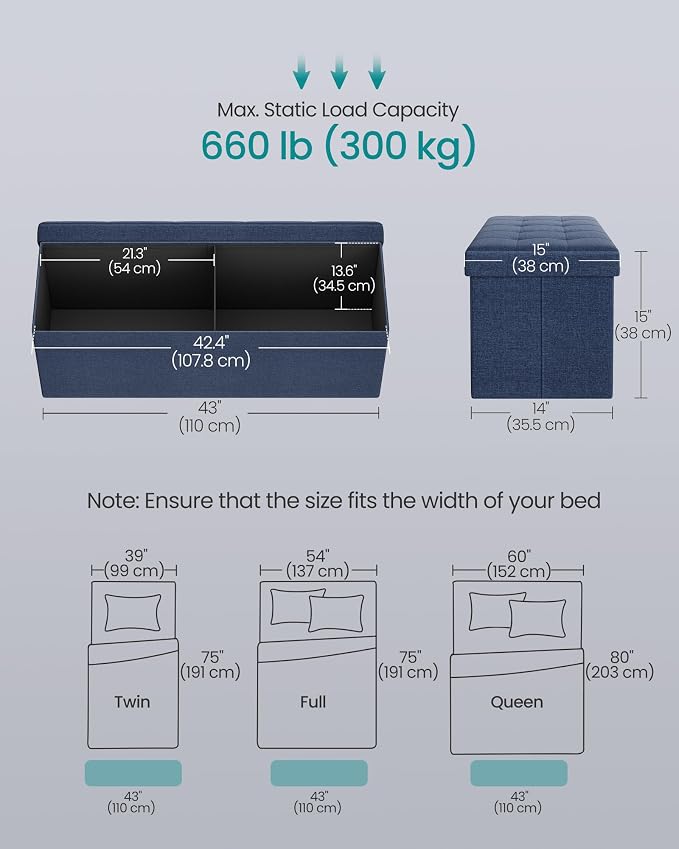 SONGMICS 43.3 Inches Folding Storage Ottoman Bench, Load 660 lb | Ottoman Foot Rest, Storage Chest, for Living Room, Entryway, Midnight Blue and Ink Black, MINOTA Collection ULSF77IN - Image 3