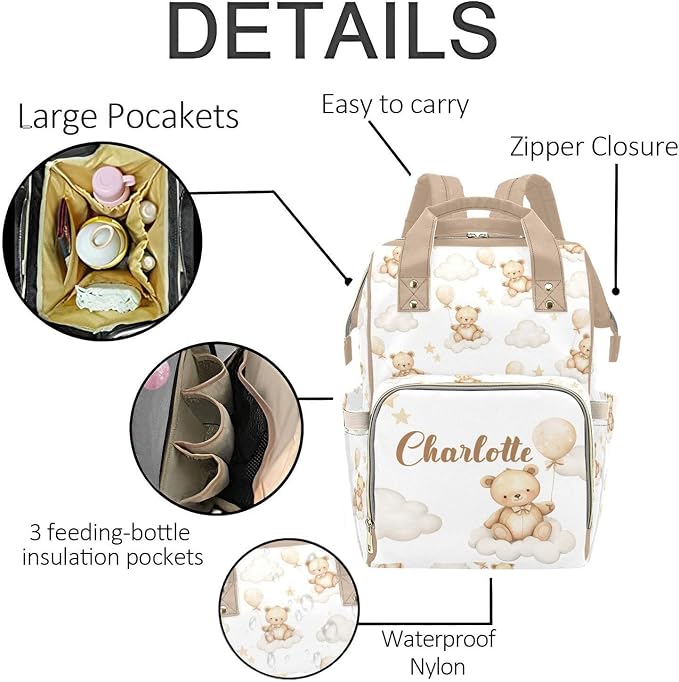 Personalized Cloud with Bear Diaper Bag Backpack with Name – Waterproof Custom Baby Nappy Bag with Large Capacity & Multi Pockets – Shower Gift for Baby for New Parents - Image 5