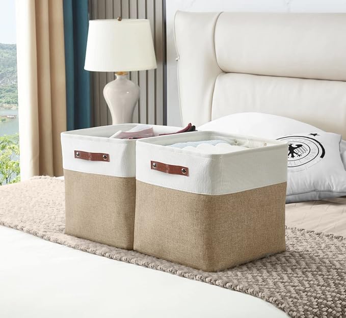 DECOMOMO Cube Storage Bin 11x11, Fabric Storage Bins | 4 Pack, Storage Baskets for Shelves, Kallax Storage Cubes (Beige & White) - Image 9